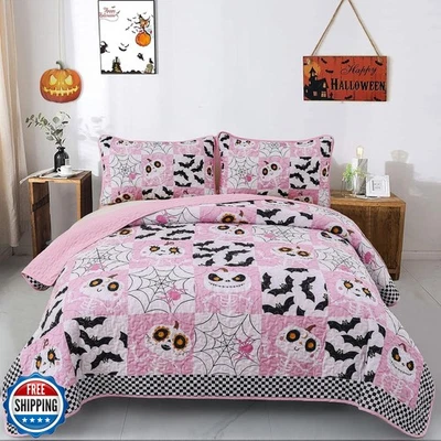 Juego de colcha de Halloween Menghomeus King rosa dibujos animados retazos colcha calavera Ba Foto 1 de 4