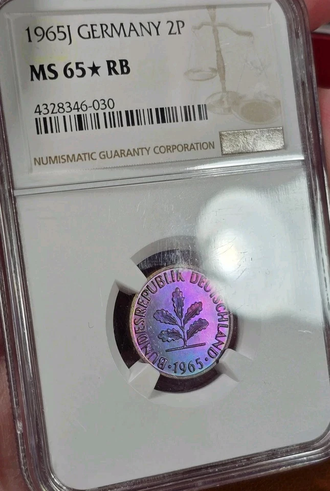 1965 Germany 2P NGC MS65*RB Star Grade Monster Neon Rainbow Toned Vivid Color - Image 1 of 4