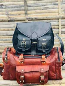 Mens Leather Full Grain Duffle Travel Bag Handmade+13" Women's Purse Tote Bag - Picture 1 of 8