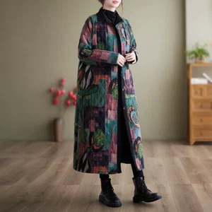 Women Cotton Padded Coat Long Jacket Geometric Floral Pattern Loose Warm - Picture 1 of 14