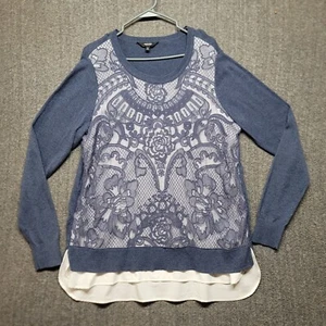 Simply Vera Sweater Womens 1X Plus Blue Floral Lace Overlay Pullover Stretch - Picture 1 of 10