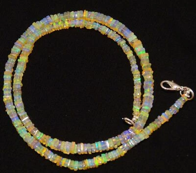 Ethiopian Opal Gem 3 to 5mm Size Rainbow Fire Square Heishi Beads Necklace 19" - Image 1 of 4