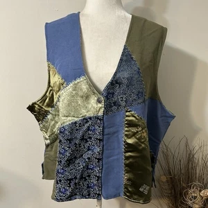 Vtg Napa Valley Women Vest Blue Asian Patchwork Tie back Floral Embroidered 2X - Picture 1 of 7