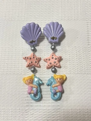 Vintage Bluebird Polly Pocket Seashell Dangly Clip On Earrings 1991      #1 - Image 1 of 3