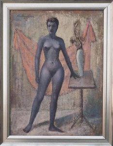 Model posing nude woman by vase surreal vintage oil painting by Robert Rukavina - Picture 1 of 2