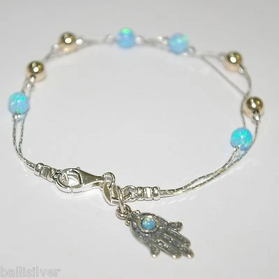 Sterling Silver 925 OPAL and GOLD FILLED Beads ANKLET with Hamsa Charm - Image 1 of 4