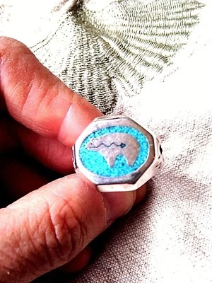 1980's Vintage Silver Bronze Men's Bear Real Turquoise Inlay Southwestern 6 Ring - Image 1 of 4