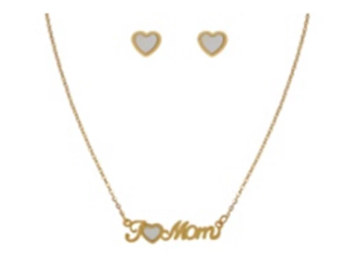 Edelstahl Schmuckset Kette + Ohrringe Ohrstecker I love Mom gold Herz Perlmutt - Bild 1 von 1