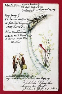 Glückwunsch AK PFINGSTEN 1916 Maikäfer in Menschengestalt Eisenbahn ( 104758 - Bild 1 von 2