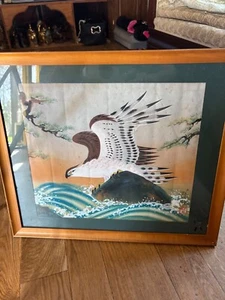 original signiertes japanisches Gemälde auf Seide 22x19" Adler Anfang 1900 gerahmt - Bild 1 von 5