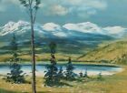 Antique realist gouache painting mountain lake landscape