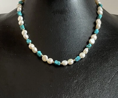 NATURAL TURQUOISE & WHITE PEARL NECKLACE WITH GOLD SPACER BEADS & 14K GOLD CLASP - Image 1 of 4