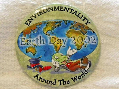 Disney 3" Button Pin Jiminy Cricket Earth Day 2002 Environmentality Around World - Image 1 of 3