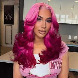 Pelucas onduladas rojas rosa a púrpura oscuro pelucas ombre peluca 100 % cabello humano ondulado encaje frontal - Imagen 1 de 5
