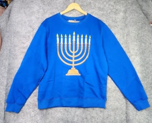 NWOT Mighty Fine Menorah Light Up Men's Blue Sweatshirt XL W/ Defects - Picture 1 of 12