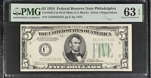 1934 $5 FEDERAL RESERVE NOTE ✪ PMG UNC 63-EPQ ✪ FR 1956-Cm BILL 243 ◢TRUSTED◣ - Picture 1 of 2