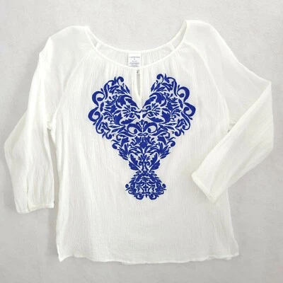 Lands End Top Womens PS White Blue Embroidered Keyhole Tunic Blouse - Image 1 of 4