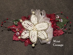 Corsage Burgundy Beaded Lily , Silk Roses, Beads Rhinestones. Boutonniere Option - Picture 1 of 6