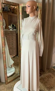 Vintage Ivory Maxi Dress L/S Inset Sleeves Lined Custom Made Sz 0 Bust 28 - Picture 1 of 11