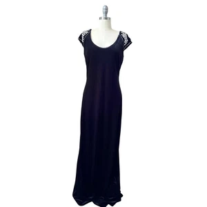 ANNE Black Velvet Maxi Women's Dress Beaded Shoulder Formal Evening Gown Size 10 - Picture 1 of 8