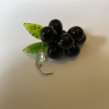 Vintage Murano Glass - Bunch Of Black  Glass Grapes With Green Leaves