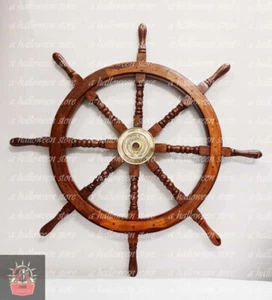 36 Inch Big Ship Steering Wheel Wooden Antique Teak Brass Nautical Pirate Ship's - Picture 1 of 5