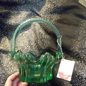 Vintage Fenton  Glass Holiday Green Basket 8" tall. Original tag & sticker.  - Picture 1 of 7