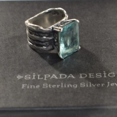 Anillo SILPADA 925 Plata Esterlina Vidrio Azul Aqua Talla 11 R1608 WOW Foto 1 de 4