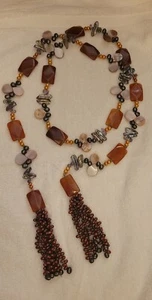 60" Lariat Loaded with Carnelian Tahitian Pearls Amethyst MOP Baroque Pearls. - Picture 1 of 12