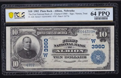 1902 $10 National Banknote Albion, Nebraska Chtr #3960 FR 626 PCGS 64 PPQ (787) - Image 1 of 2
