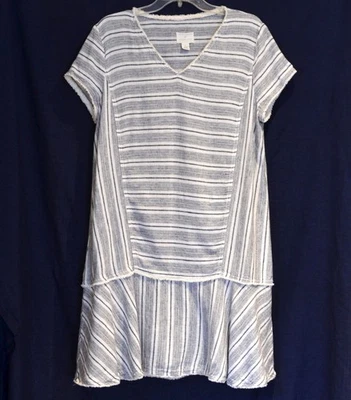 CASLON size L Dress Chambray Striped Boho Linen Blend Fringe Trim Lagenlook - image 1 of 4