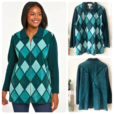Linea by Louis Dell’Olio Teal Suede Argyle Full Zip Jacket Sweater Coat 1X 90s - Image 1 of 4