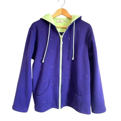Quacker Factory purple green rhinestone hooded jacket pockets zipper Size L - Image 1 of 4