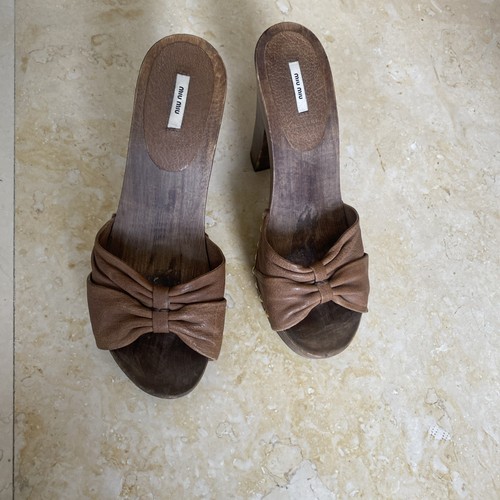 Miu Miu Sandali Donna 7 5 Scarpe Marrone Pelle Zeppa Legno Plateau