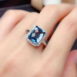 Silver Plated Blue Topaz Ring Crushed Ice Cut Anti-Tarnish Finish - Picture 1 of 5