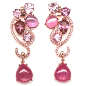 Caliente Piedra Preciosa Rosa Rubí, Topacio & Zafiro Pendientes 925 Plata de Ley - Imagen 1 de 4