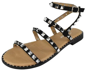 Forever Sandali Gladiatore Donna Borchie Cinturino alla Caviglia Piatto Fibbia DING-28 Neri - Foto 1 di 3