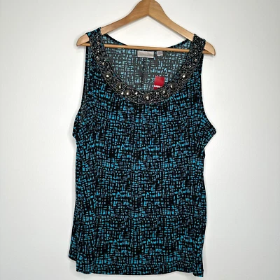 Nueva con etiquetas Camiseta sin mangas Avenue para mujer talla 26 adornada con cuentas cuello redondo azul negro Foto 1 de 4