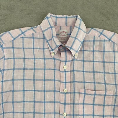 Brooks Brothers Shirt Men Medium Pink Blue Check 100% Irish Linen Preppy NWOT - Image 1 of 4