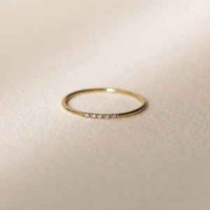 14K Solid Gold 1.2mm Thin Diamonds Wedding Engagement Band Stacking Ring - Picture 1 of 13