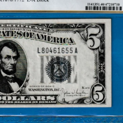 1934 C  $5  SILVER CERTIFICATE NOTE  Serial /N  L 80461655 A  Fr. 1653 PCGS - Image 1 of 3