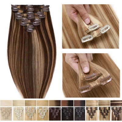 CLEARANCE Clip in Human Hair Extensions Full Head 100% Real Remy Hair Thick Weft - Image 1 of 4