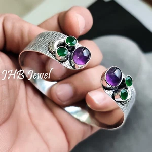 Amethyst & Green Onyx Gemstone 925 Sterling Silver Bangle Cuff For Festival Gift - Picture 1 of 5