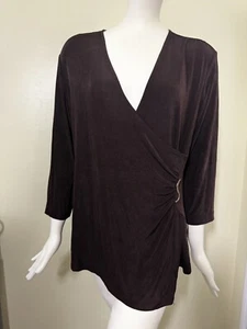 Chico's Travelers Blouse Women Slinky Stretch 3/4 Sleeves Faux Wrap Brown Top M8 - Picture 1 of 5