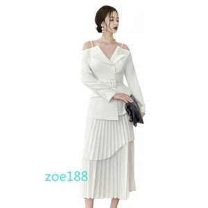 Spring Autumn Solid Color Suits Waist Long-sleeved Suit Top + Pleated Skirt Suit - Picture 1 of 15