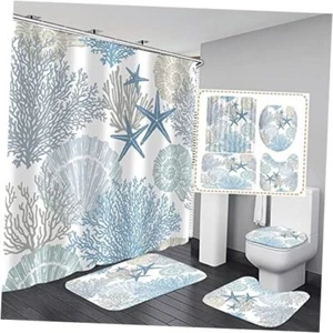 4 Pcs Beach Shower Curtain Bathroom Sets and Rugs Nautical Shower Curtain Blue - Picture 1 of 7