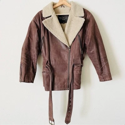 Chaqueta bomber vintage años 80 Winlit MEDIANA cuero genuino marrón cuello sherpa cinturón Foto 1 de 4