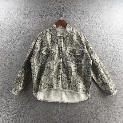 Zara Denim Jacket Womens S White Snakeskin Long Sleeve Front Pockets Raw Hem - Image 1 of 4