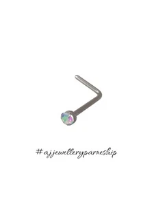 Rhodium Plated L Shape Nose Stud,AB Stone, Hypoallergenic - Picture 1 of 1