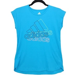 Adidas Girl's Youth Large Drop Shoulder TShirt Sleeveless Logo Graphic Tee Blue - Picture 1 of 12